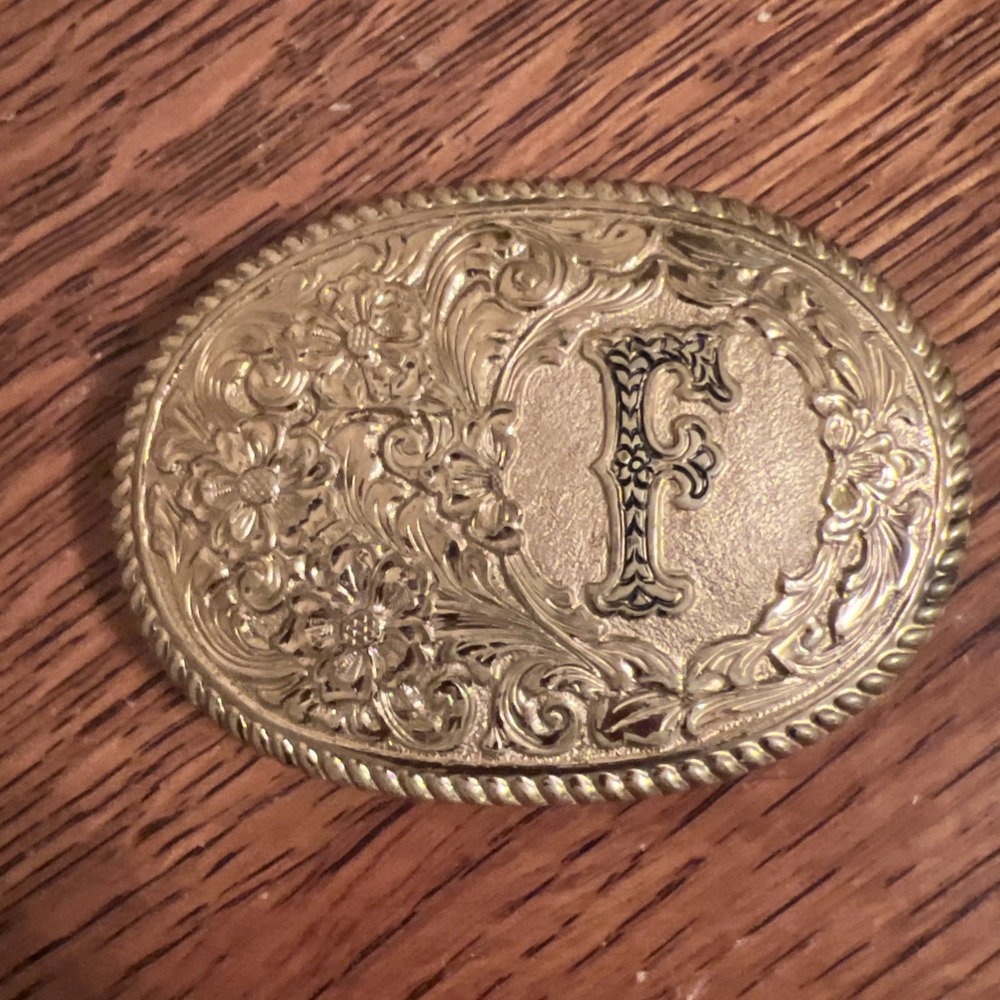 Vintage Crumrine Western Ornate Scroll Monogram Letter "F". Belt Buckle